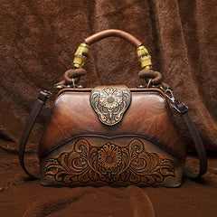 Vintage Style Handbag with Flower Pattern PU Material Shoulder Bag