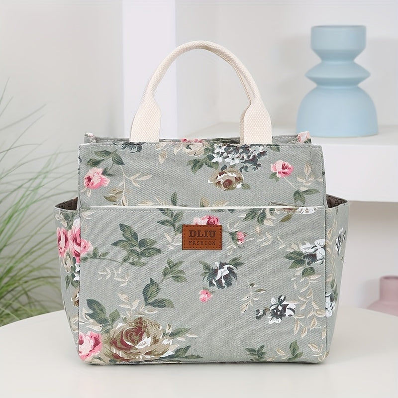 Vintage Floral & Letter Print Lunch Tote, Large Capacity