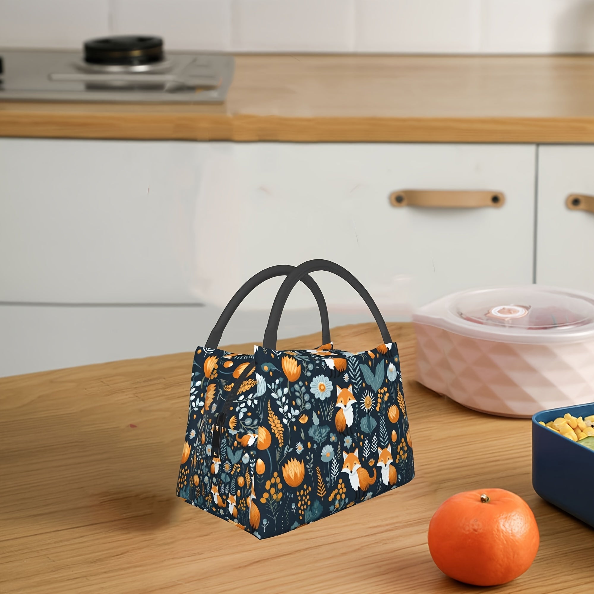 Insulated Lunch Bag Fox Forest Pattern Large Tote Bag Zipper Cooler Bag