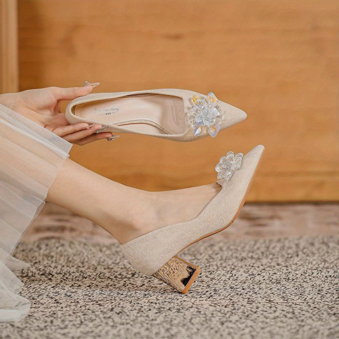 Women's Pointed Toe Chunky Heels Floral Rhinestone Slip On Wedding Heels