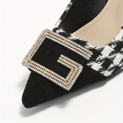 Women's Houndstooth High Heels Rhinestone G Letter Buckle Stiletto Heels