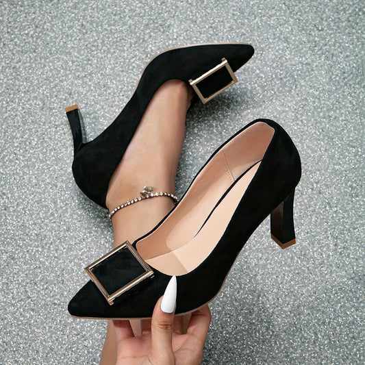 Metal Buckle Block Heel Pumps Pointed Toe Work Dress Heels