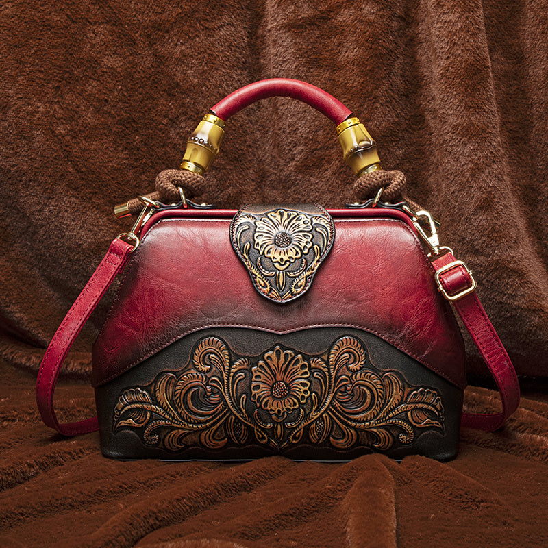 Vintage Style Handbag with Flower Pattern PU Material Shoulder Bag