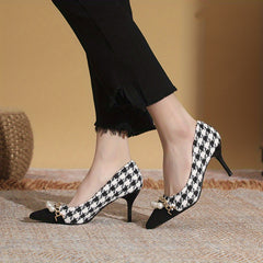Faux Pearl Stiletto Heels Point Toe Houndstooth Pumps Women's Pumps