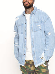 Men's Ripped Denim Jacket Street Style Button Up Collar