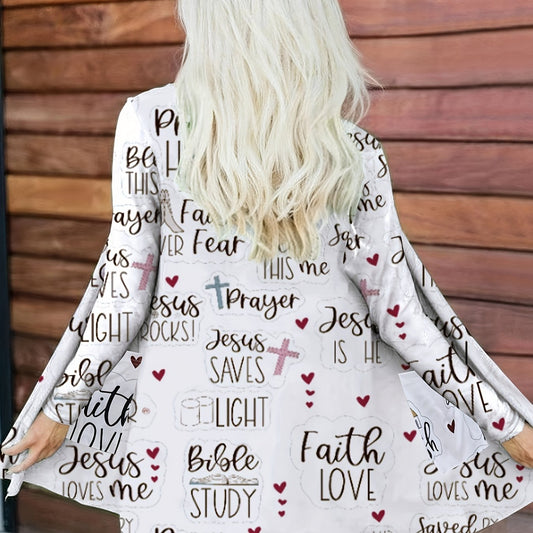 Casual Cardigan Letter & Cross Print Long Sleeve Open Front