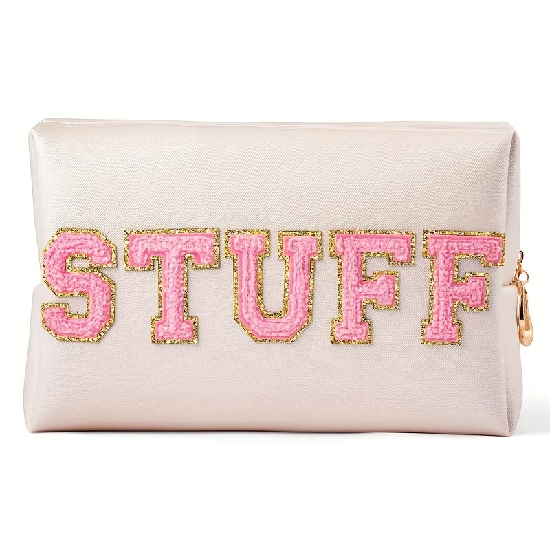 Plush Letter Patched Makeup Pouch Travel Toiletry Bag
