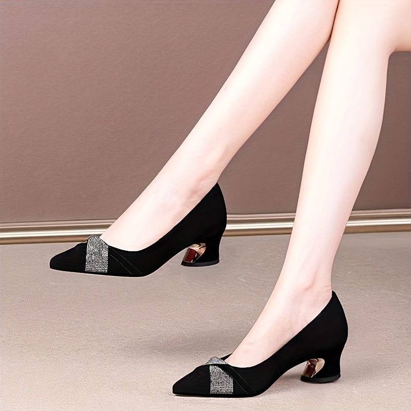 Women's Rhinestone Mid Heeled Pumps Pointed Toe Slip On Chunky Heels