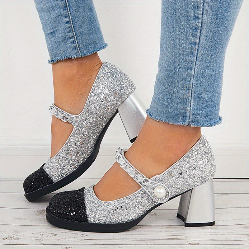 Women's Cap Toe Mary Jane Chunky Heels Dress Pumps