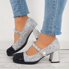 Women's Cap Toe Mary Jane Chunky Heels Dress Pumps