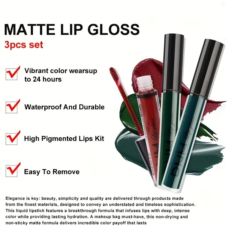 3 Pack Matte Liquid Lipstick Set Long Lasting Dark Red Brown Green Lipstick