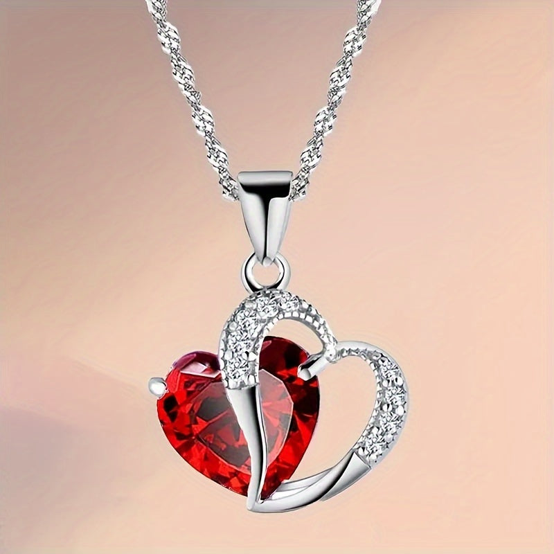 Red Heart Pendant Necklace with Red Rose Romantic Jewelry for Women
