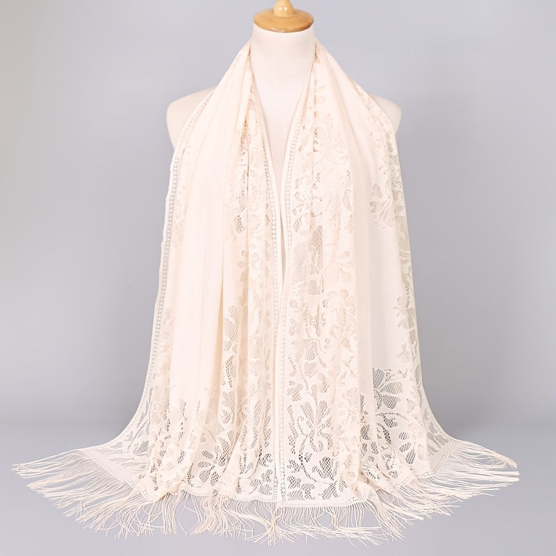Floral Lace Scarf Shawl With Tassels Soft Mesh Fringe Wraps