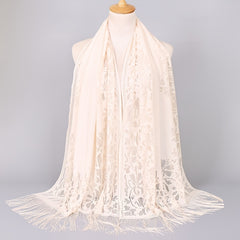 Floral Lace Scarf Shawl With Tassels Soft Mesh Fringe Wraps