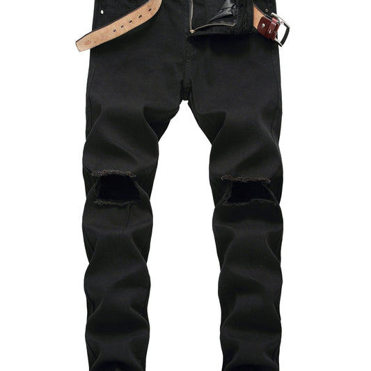 Men's Solid Stretch Slim Ripped Jeans