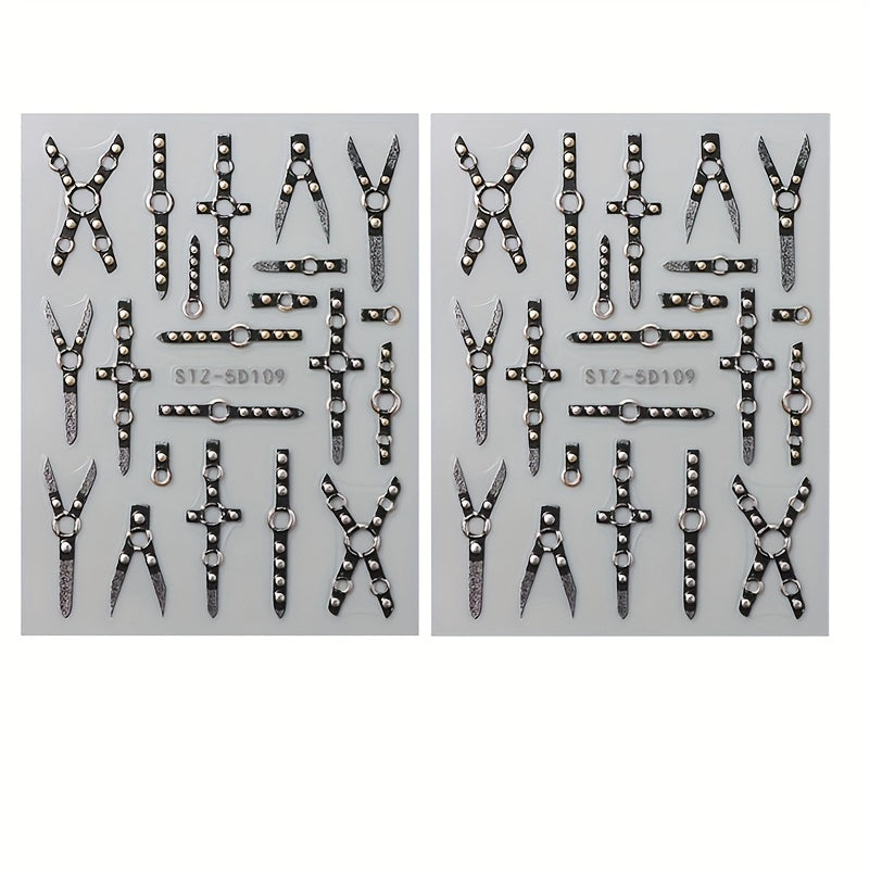 5D Gothic Skull Cross Nail Decals with Glitter Finish