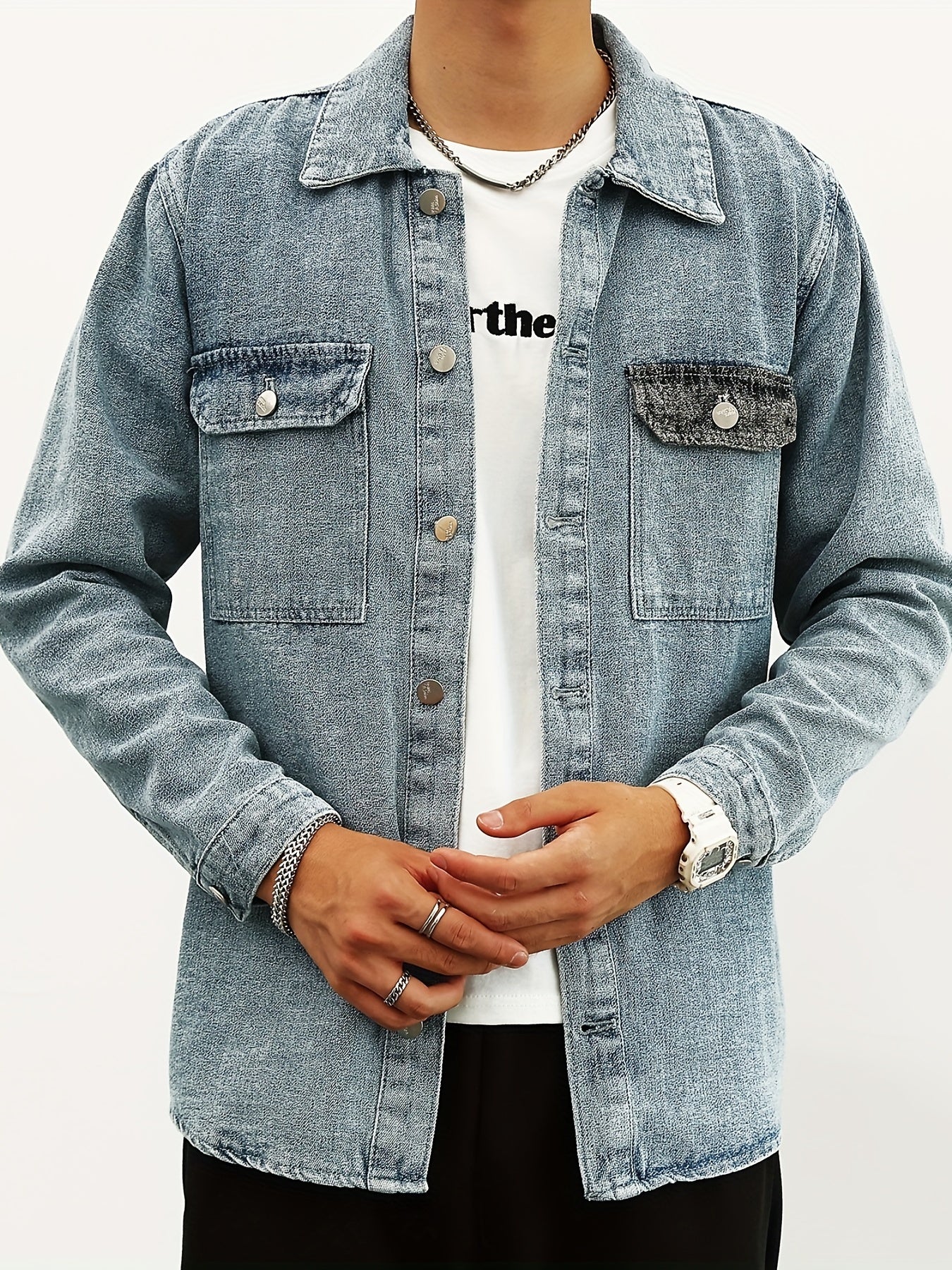 Men's Denim Jacket Lapel Button Up Coat Spring Fall
