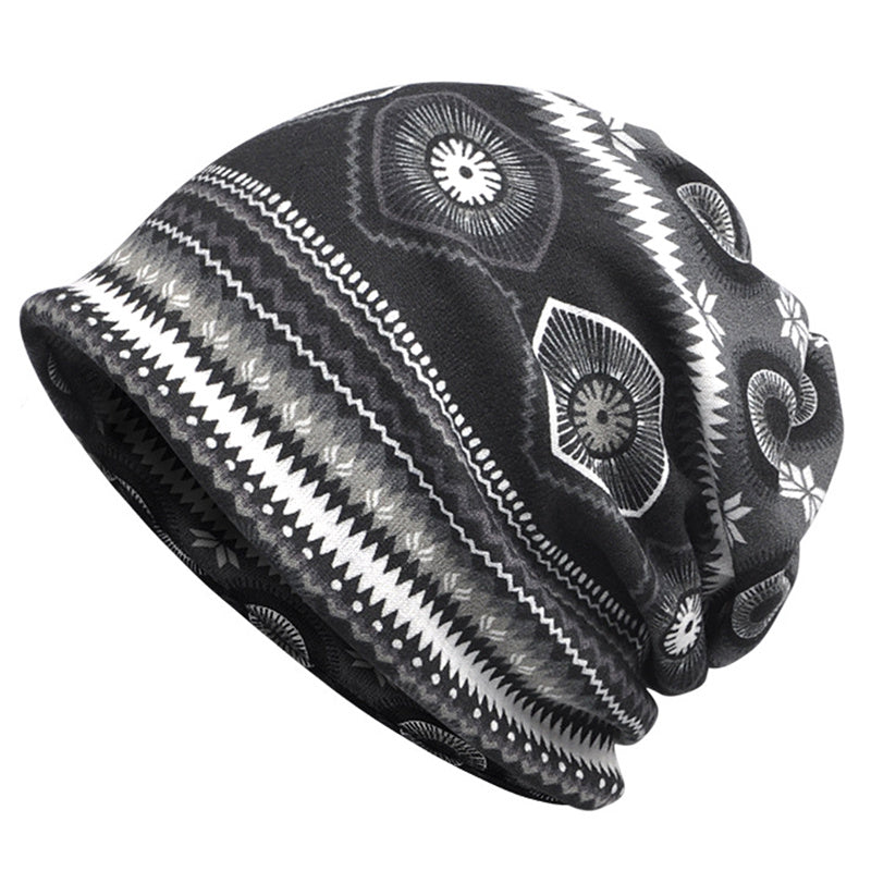 Boho Vintage Print Beanie Cap Elastic Skull Lightweight Warm Headwear