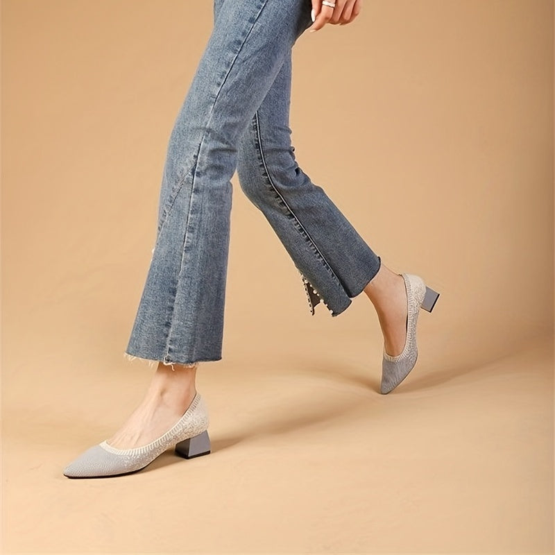 Women's Knitted Mid Heels Pointed Toe Slip On Chunky Heels Casual Shoes