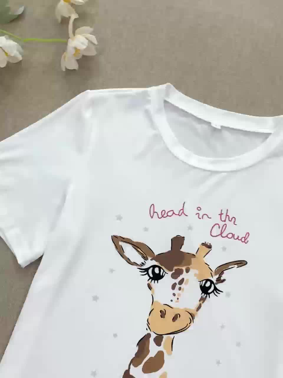 Giraffe Print Pajama Set Short Sleeve Crew Neck Top & Leopard Shorts & Pants