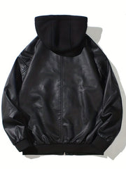 Men's PU Hooded Biker Jacket Zip Up Faux Leather