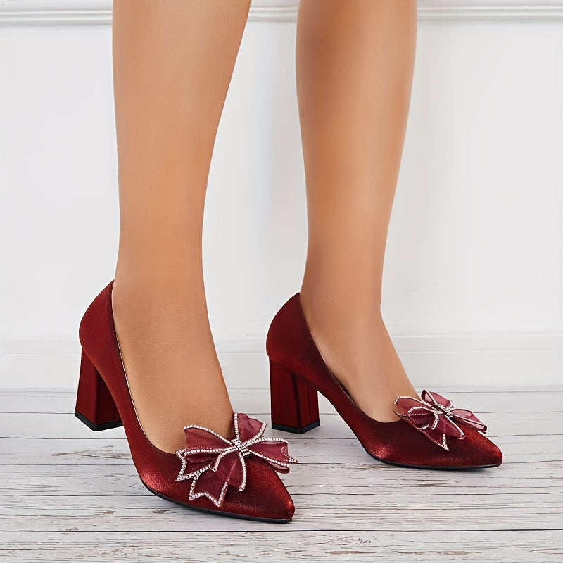Women's Bowknot High Heels Pointed Toe Velvet Slip On Chunky Heels Wedding Pumps