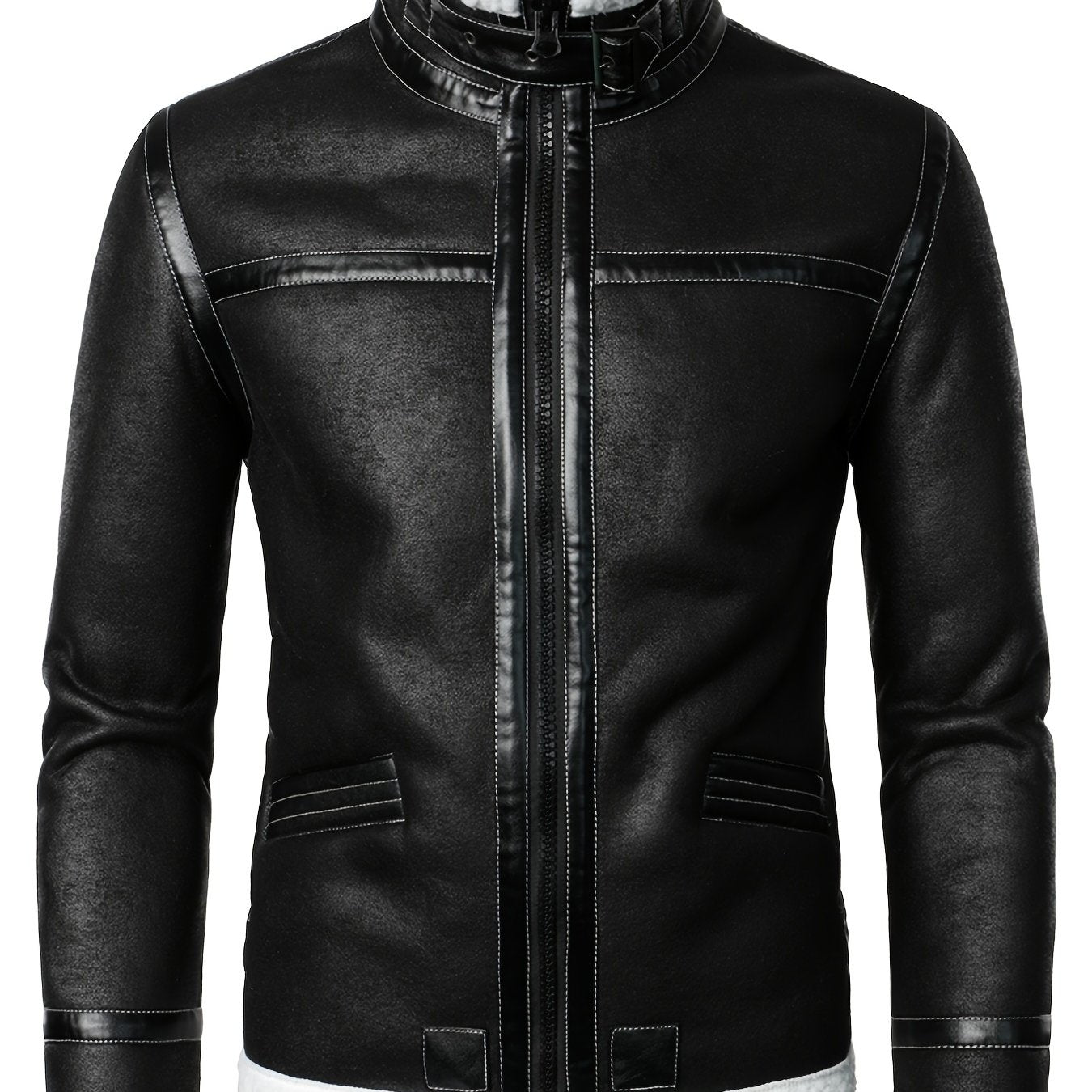 Men's Warm Fleece PU Jacket with Stand Collar for Fall Winter