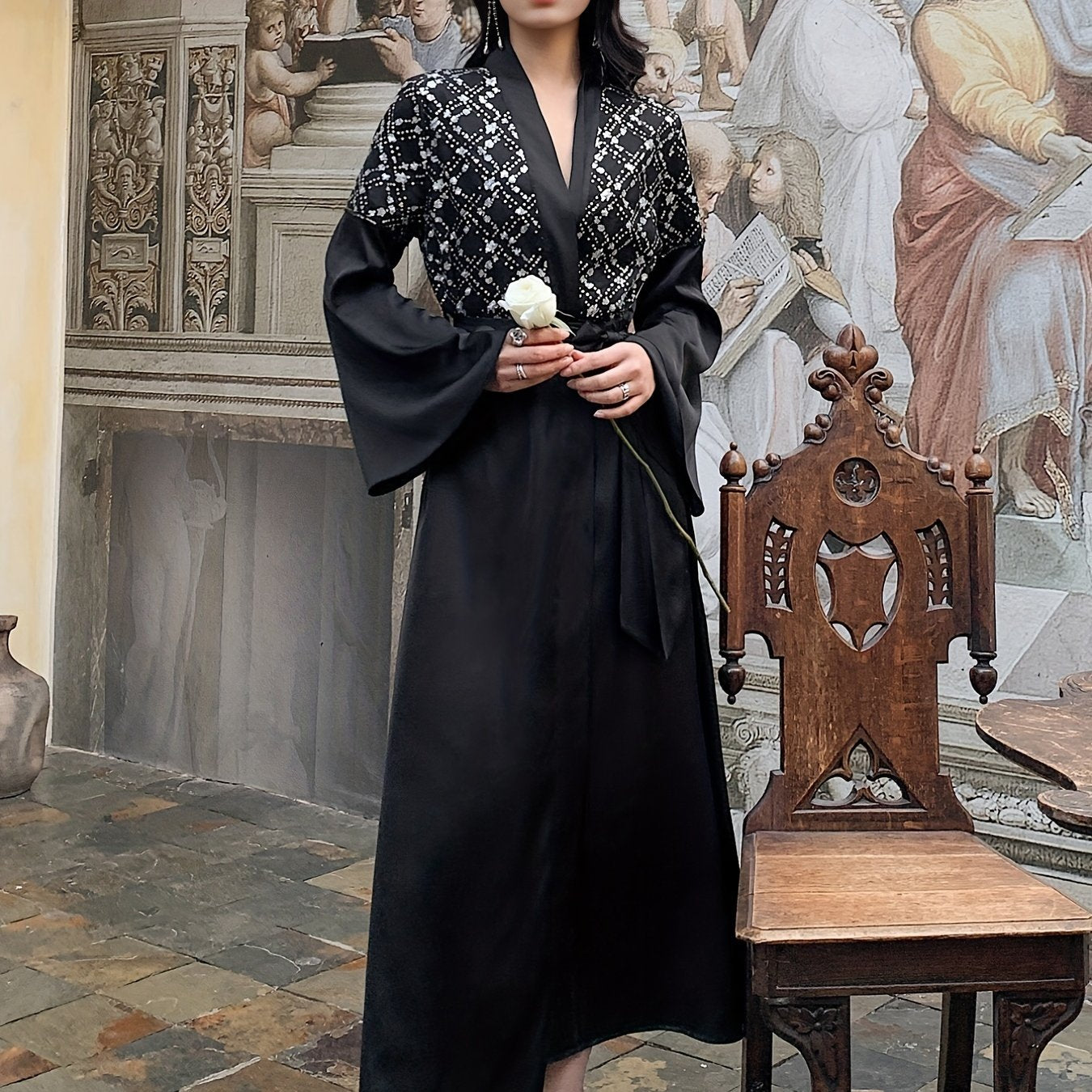 Sequin Satin Lounge Robe V Neck Long Sleeve Home Robe