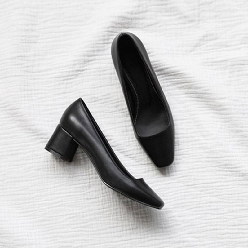 Women's Square Toe Court Pumps Black Chunky Mid Heels