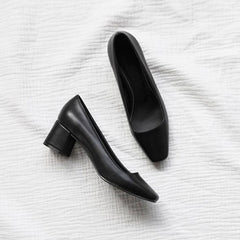 Women's Square Toe Court Pumps Black Chunky Mid Heels