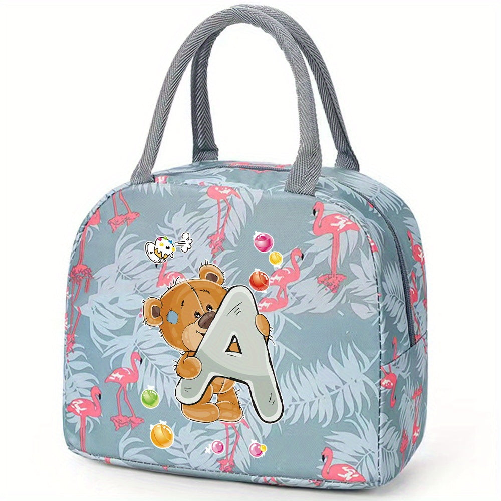 Insulated Lunch Bag with Bear & Tropical Letter A Thermal Cooler Tote