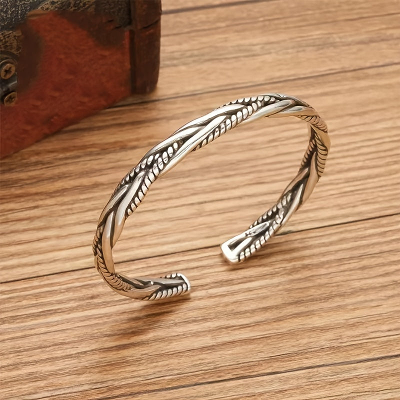 Vintage Silver Braided C-shaped Opening Bracelet, Adjustable