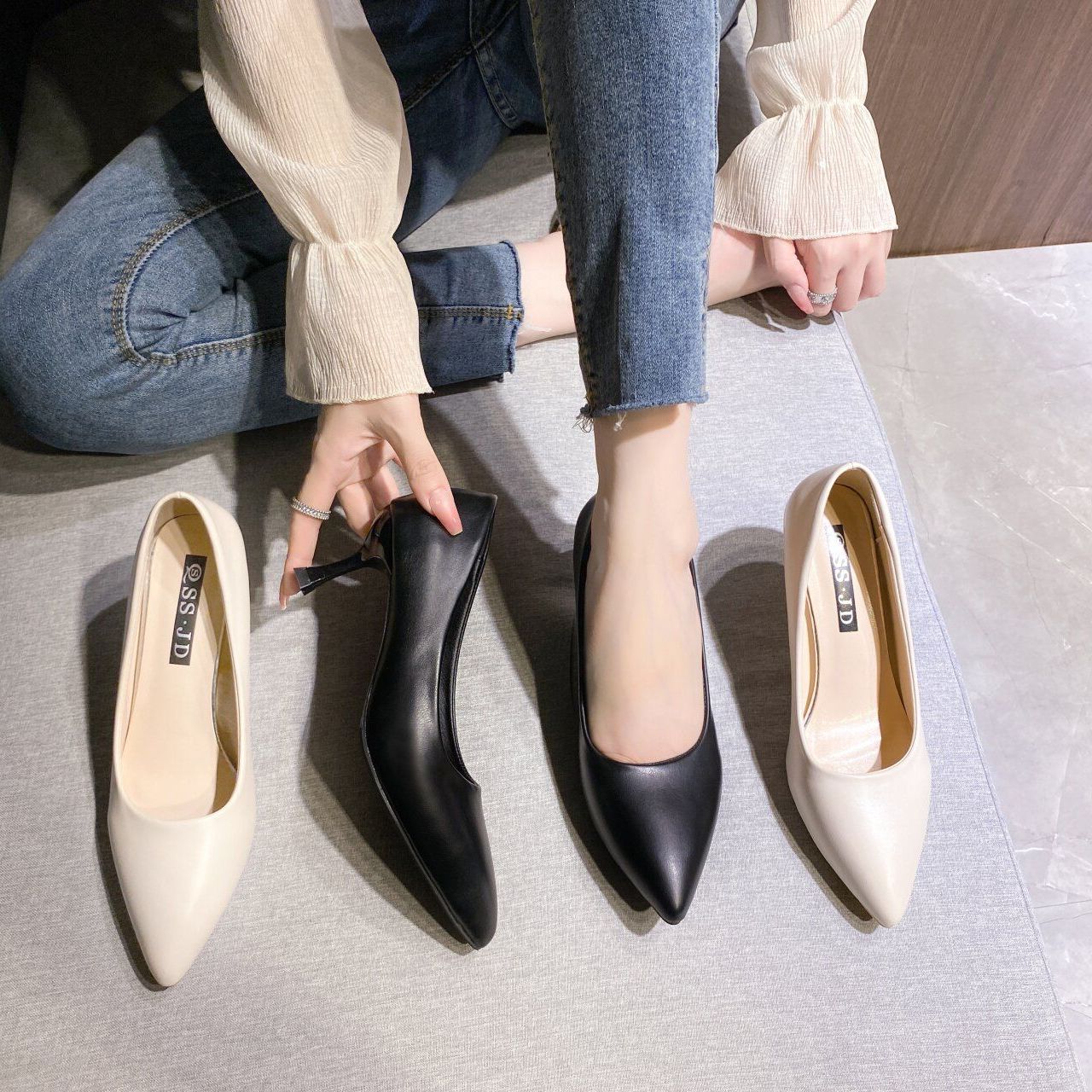 Women's Stiletto Pointed Toe Pumps Mid Heels Slip On High Heels