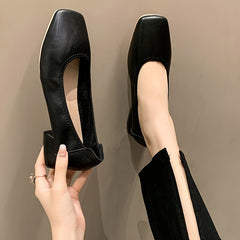 Women's Square Toe Chunky Low Heels Slip On Comfortable Walking Shoes