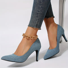 Women's Denim Stiletto Heels Point Toe Work Pumps