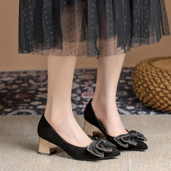 Women's Bowknot Pumps Pointed Toe Slip On Chunky Mid Heels Shoes