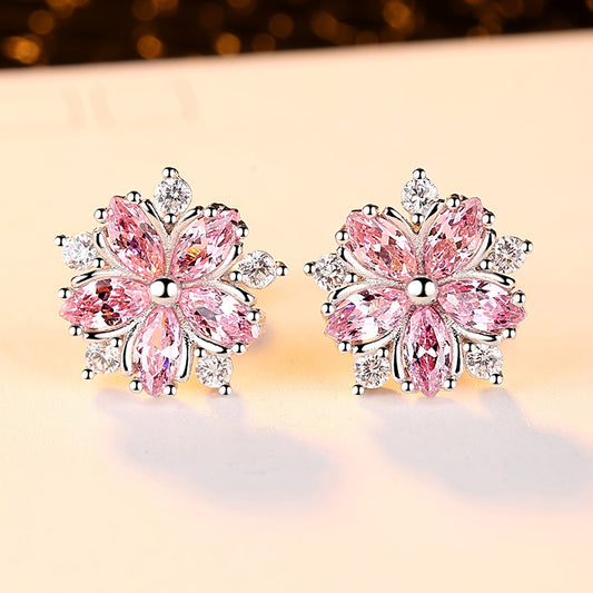 Cherry Blossoms Zircon Stud Earrings For Women Girls Dainty Jewelry