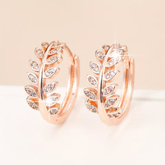 Leaf Shaped Hoop Huggie Earrings Inlaid Zircon 18K Plated