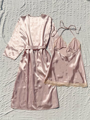 2pcs Satin Robe & Cami Dress Set with Lace Trim
