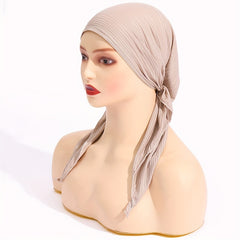 Pleated Turban Cap Long Tail Bonnet Women's Beanie Chemo Hats