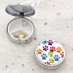 Colorful Dog Paw Print Round Pill Box Medicine Vitamin Organizer