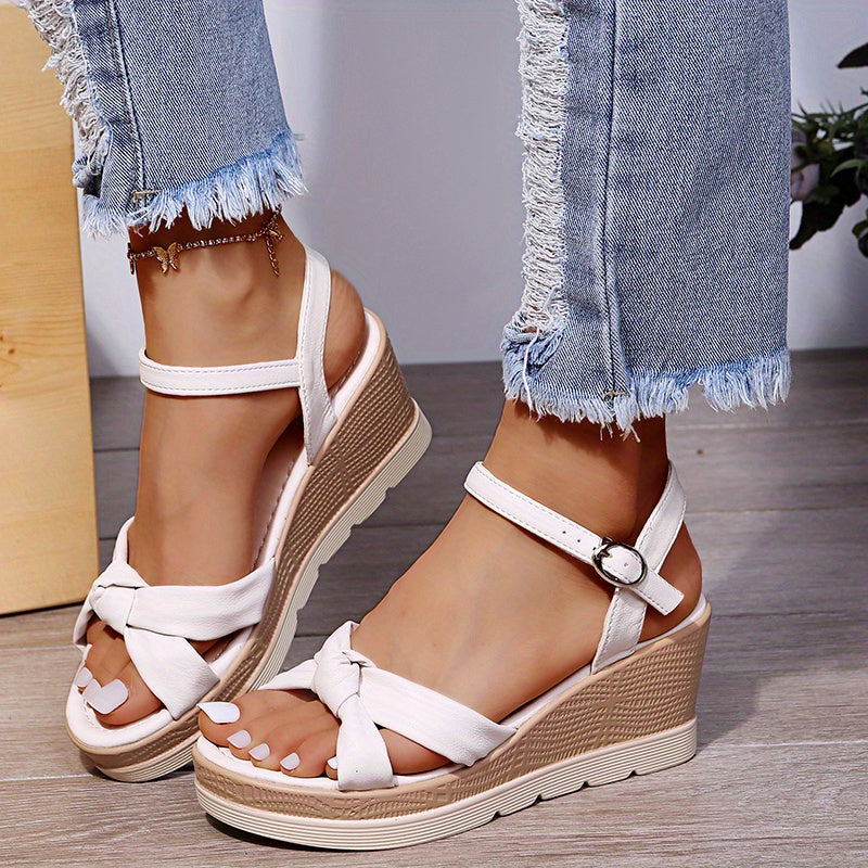 Women's Twist Knot Platform Wedge Sandals Open Toe Non Slip Ankle Buckle Heels