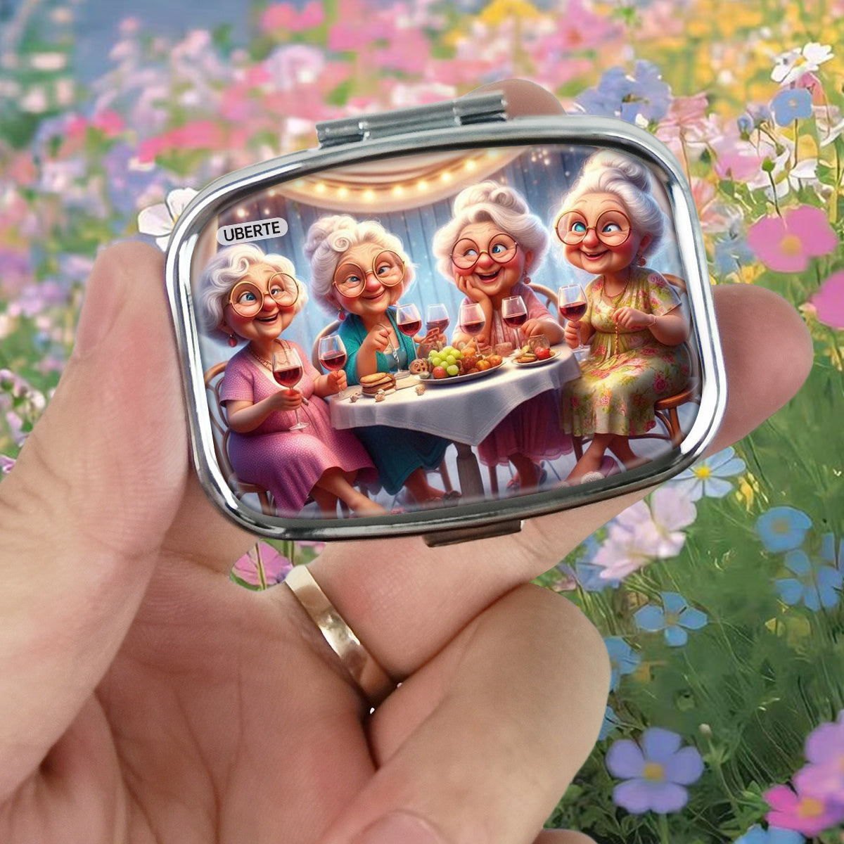 Cartoon Grandmothers Dinner Print Pill Case with 2 Compartments