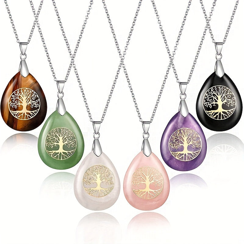 Life Tree Teardrop Crystal Pendant Necklace Chakra Charms for Women