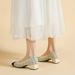 Women's Knitted Mid Heels Colorblock Slip On Shoes Chunky Heels