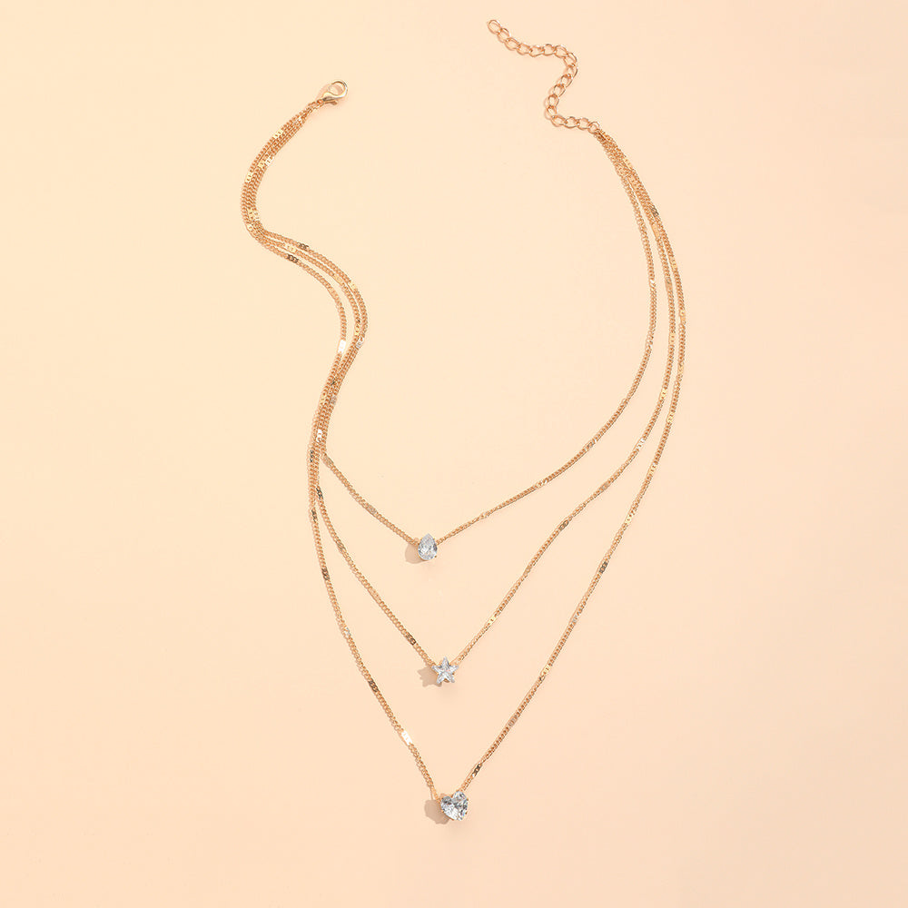Retro Zircon Necklace Star Water Drop Pendant Clavicle Chain