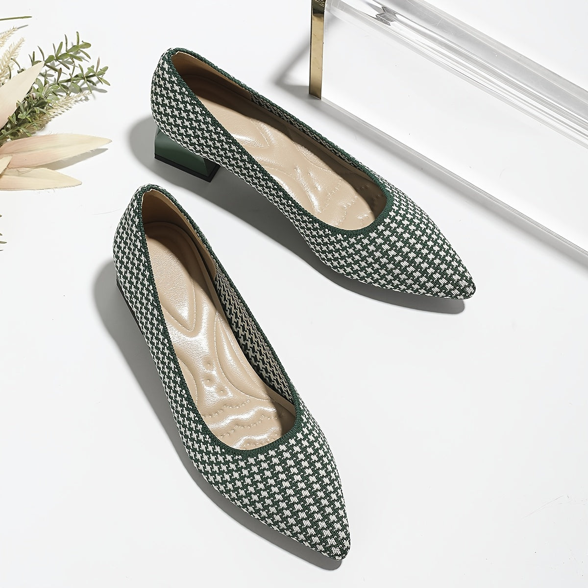 Women's Houndstooth Slip On Chunky Heels Lightweight Shoes