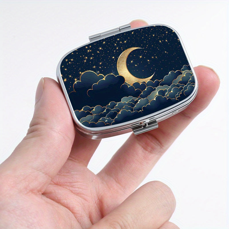 Celestial Night Sky Pill Box with Dual Compartments Metal Case for Travel