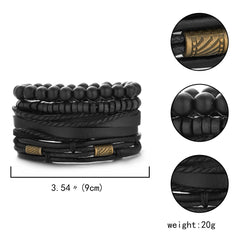 Men's Wooden Beaded Braided Leather Bracelet Set