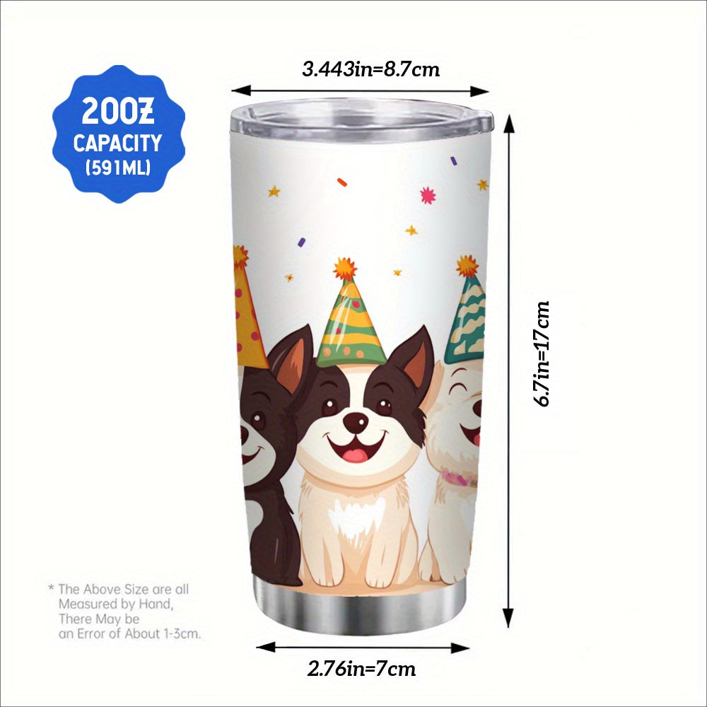 20oz Stainless Steel Mug Smiling Dogs Party Hats Leakproof Lid Travel Cup
